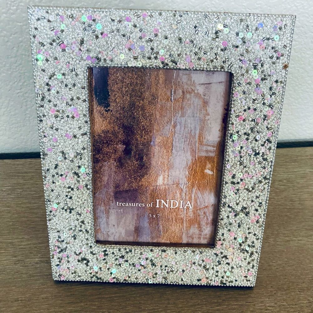 Sparkly Pink White Beaded Boho Wood Picture Frame